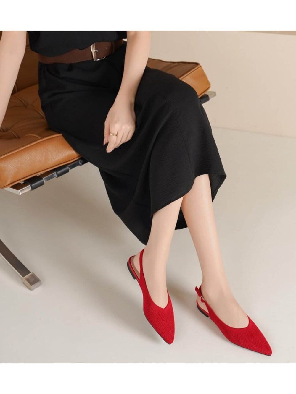 Women's Red Knit Ballet Flats Pointed Toe Buckle Strap Slip On Party Dress Shoes - Picture 2 of 6